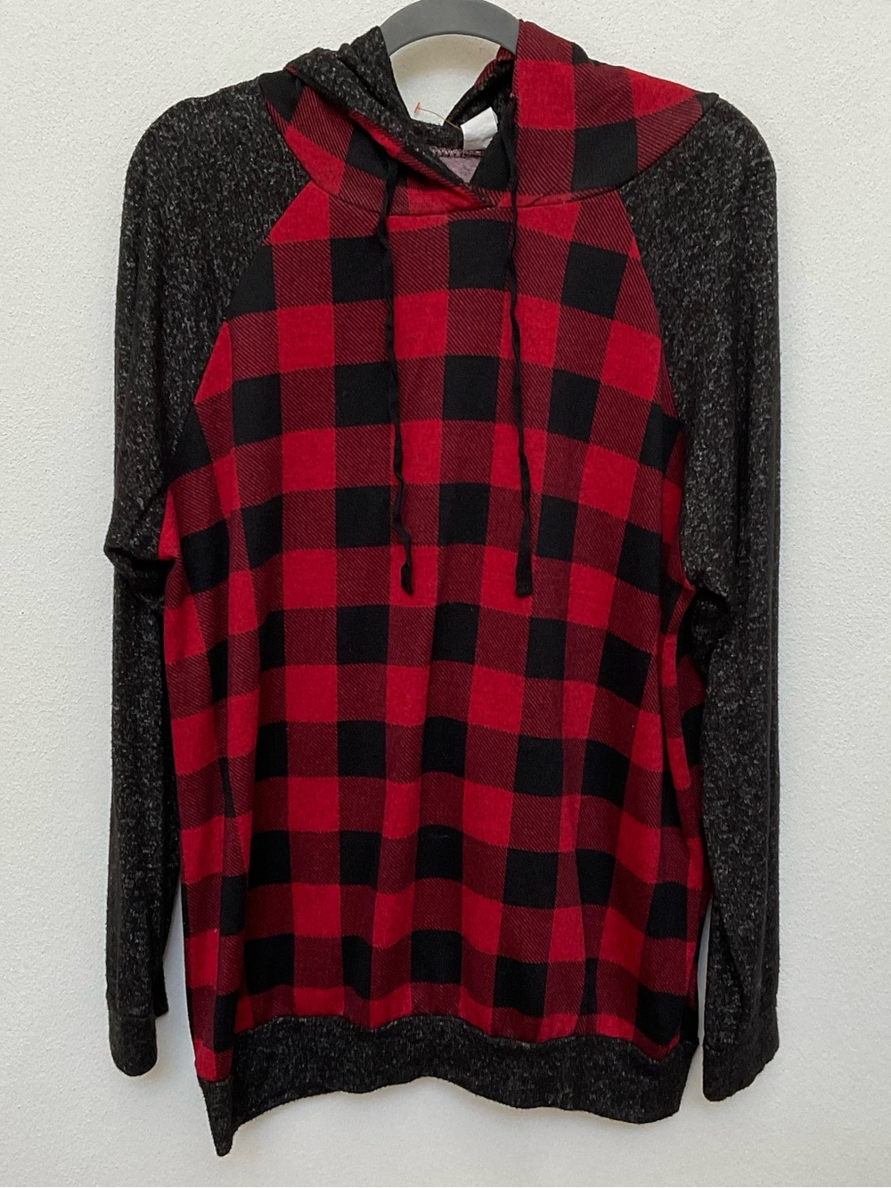 Lovely Souls Red, Black Buffalo Plaid Hooded Top With Charcoal Grey Sleeves L
